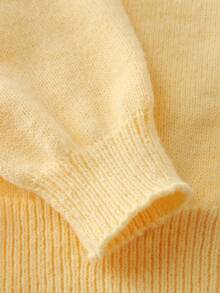 SHEIN 少女时尚休闲纯色短款连帽针织开衫毛衣，秋冬季连帽开衫毛衣纽扣毛衣黄色针织开衫浅黄色连帽衫黄色连帽开衫开衫毛衣浅黄色毛衣秋冬季连帽卫衣浅黄色针织连帽纽扣毛衣 - 黃色 - 查看 4