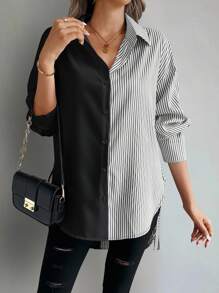 SHEIN LUNE Women's Casual Colorblock Striped Asymmetrical Hem Blouse, Spring/Fall Women Shirt - Black - View 4