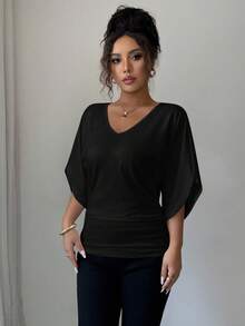 Elenzga Women's Casual Batwing Sleeve V-Neck Solid Color Fitted Short Sleeve T-Shirt
