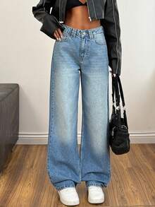 EURMUSE Damen Jeans mit hoher Taille, Waschung und Details, gerade geschnitten, lockere Jeans, Wide Leg Jeans, Baggy Jeans - Mittele Waschung - Übersicht 5