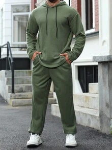 Manfinity Homme 男士优质纹理休闲连帽衫套装，弧形下摆，送给男朋友或丈夫的完美礼物，INS 风格 - 軍綠色 - 查看 5