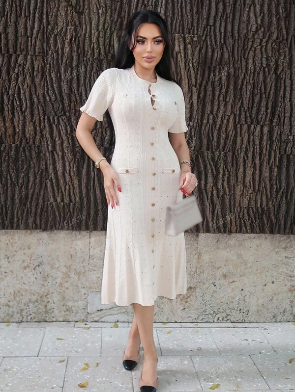 Durrani Popal 女士优雅针织穿孔褶皱美人鱼连衣裙，复古款，朴素款，婚礼宾客连衣裙，春季服装