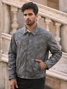 HIMLAND Men's Casual PU Leather Lapel Jacket, Fashionable Men Leather Jacket Grey Jacket Men Grey Leather Jacket Men Grey Leather Jacket Gray Leather Jacket Men , Fall Winter - Grey - View 4