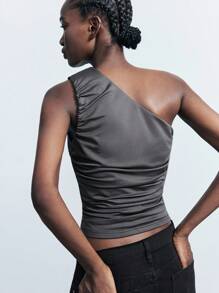 Maija Women's Dark Grey Summer Boyish Night One Shoulder Top,Adjustable Buckle Design Ruched Sleeveless Blouse, Y2k Concert Date Night Top - Grey - View 5