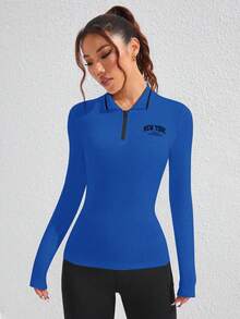 SHEIN Core Rhythm Damen Minimalistisches Buchstaben-Muster Viertel-Reißverschluss Langarm Sport Poloshirt