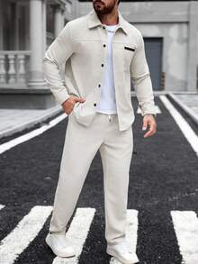 Manfinity Homme Apricot Corduroy Men's Business Co-Ord Set With Collar And Pocket Detail Streetwear Men Corduroy Two-Pieces , Fall Clothes Winter - Apricot - View 4