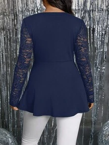 SHEIN Clasi Blouse femme à col V, patchwork en dentelle, manches à volants