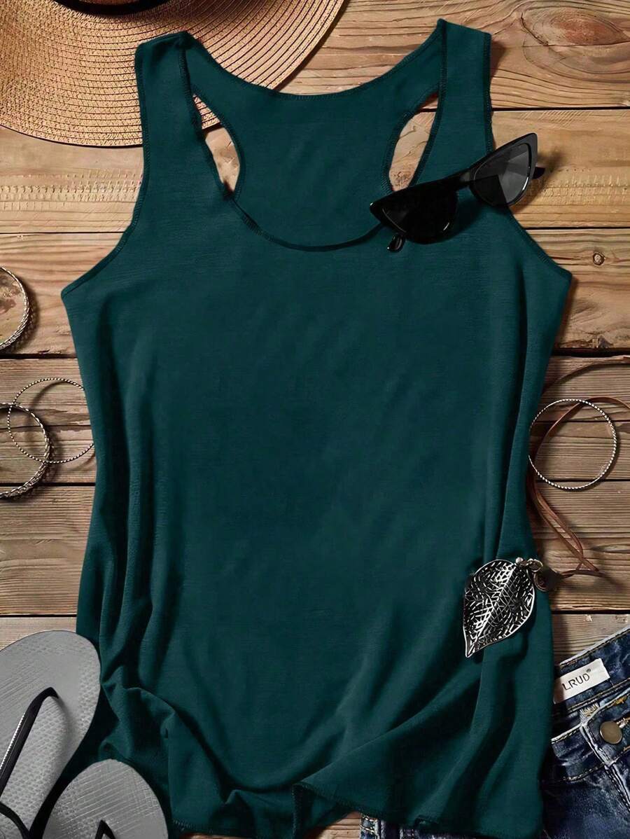 SHEIN LUNE Women Solid Color Casual Scoop Neck Camisole, Suitable For Summer,Casual - Dark Green - View 1