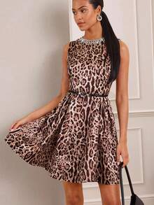 Lilora Elegant Leopard Print, Light Luxury, Sleeveless, Round-Neck, Diamond-Encrusted, Waist-Cinched, Large-Hem Women's Short Dress For Prom, Business, Retro, Party, Resort, Outing, Old Money,Siren Coquettish, Prom, Ball, Valentine's Day, Cruise Attire, Commuting,  Richly Layered, Date Night, Gathering, Minimalism, Birthday, Formal Event, Break, Modest, Chic, Casual, Shopping, Street Wear, Going Out, Coquette Cheetah Print