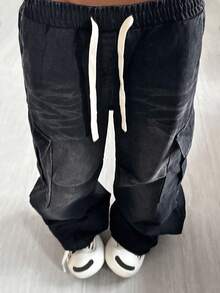 StreetHx Casual Washed Drawstring Waist Cargo Denim Pants - Black - View 4