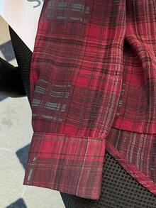 INAWLY 大码格子休闲长袖衬衫 - 紅色 - 查看 5