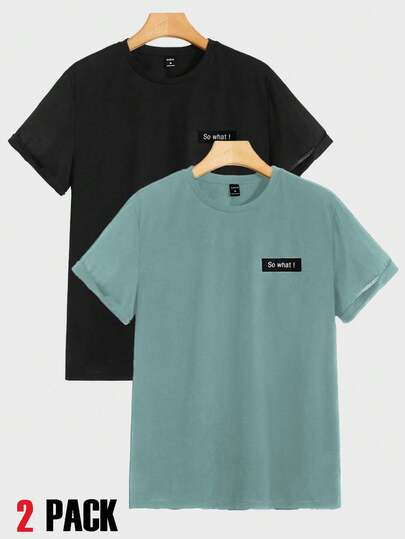 EURMUSE 2pcs Men's Letter Graphic Round Neck Short Sleeve Solid Color Casual T-Shirts