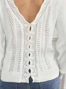 SHEIN Maternity Solid Color Hollow Back Design Crew Neck Loose Knit Sweater, Autumn - White - View 4