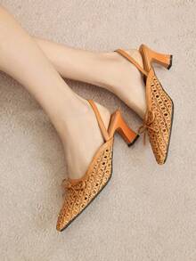 Rosivie Sandalias de tacón medio cuadrado con lazo plateado tejido y hueco, zapatos de verano elegantes para exteriores con correa de tobillo para mujer