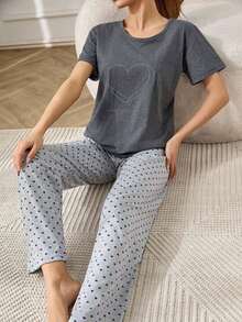 EURMUSE 100%Cotton Heart & Slogan Graphic Tee Short Sleeve & Pants Lounge Set - Grey - View 3