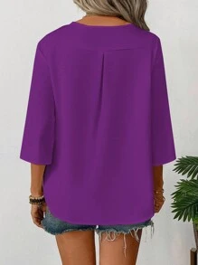 SHEIN LUNE 女士简约纯色V领七分袖休闲通勤衬衫 - 紫色 - 查看 2