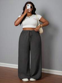 SHEIN PETITE CURVE Quần dài đi nghỉ thường ngày màu nâu cho nữ cỡ lớn - Màu xám đen - Xem 3