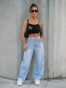 SAYEHFBABY 女式休闲做旧毛边洗水牛仔裤 - 淺色水洗藍 - 查看 1