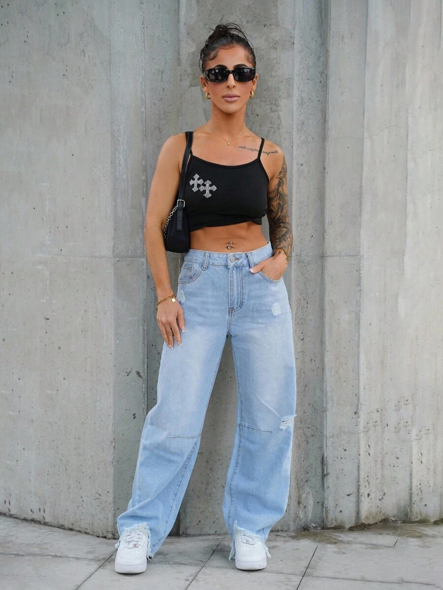 SAYEHFBABY 女式休闲做旧毛边洗水牛仔裤 - 淺色水洗藍 - 查看 1