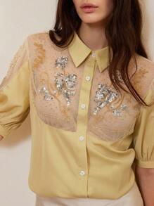 GENKIRA Áo cánh tay ngắn cổ bẻ đính hạt sequin thêu họa tiết trong suốt - Màu xanh Ô liu - Xem 2