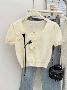SHEIN Frenchy Women's Cream White Elegant 3D Floral Decor Puff Sleeve Knit Sweater Top,Summer,Date,French Style Minimalist Office Business Casual Short Sleeve - Apricot - View 5