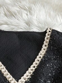 GlowEve Damen V-Ausschnitt Patchwork Schleife Einreiher ärmellos elegantes Kleid aus Wollstoff - Schwarz - Übersicht 3