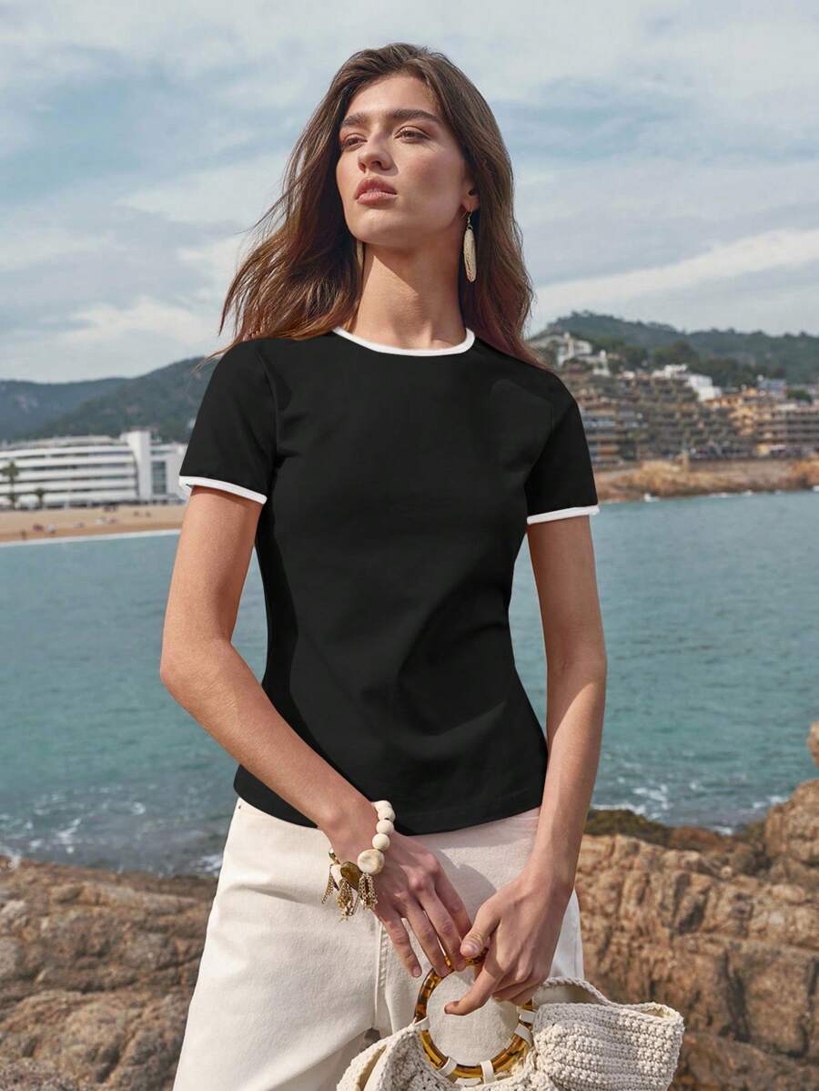 MOTF PREMIUM 撞色修身T恤 - 黑與白 - 查看 1