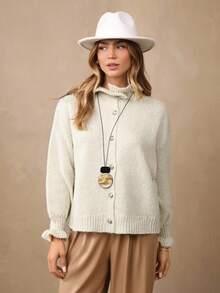 Wildy Women Casual Ruffled Trim Button-Up Cardigan Sweater, Women Solid Color Long Sleeve Fluffy Cardigan Sweater, Women Solid Color Long Sleeve Fluffy Cardigan Sweater, We Recommend Buying One Size Smaller! Super Warm And Soft! - Multicolor - View 6