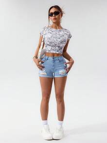 SHEIN PETITE Quần short denim bó giản dị có túi rách đơn giản, mùa hè - Rửa nhẹ - Xem 5
