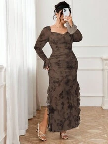 Modelyn Váy xòe họa tiết hoa thanh lịch gợi cảm cho nữ - Cà phê nâu - Xem 6