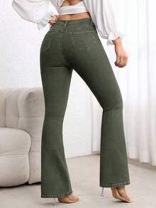 SHEIN PETITE Women's Casual Washed Slim Fit Flare Jeans - Green - View 2