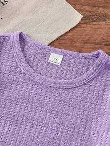 SHEIN Playful Pals 2件組少女時尚可愛櫻桃刺繡長袖T恤與水洗牛仔褲套裝，適合休閒、上學、度假、秋季 - 紫色 - 查看 4