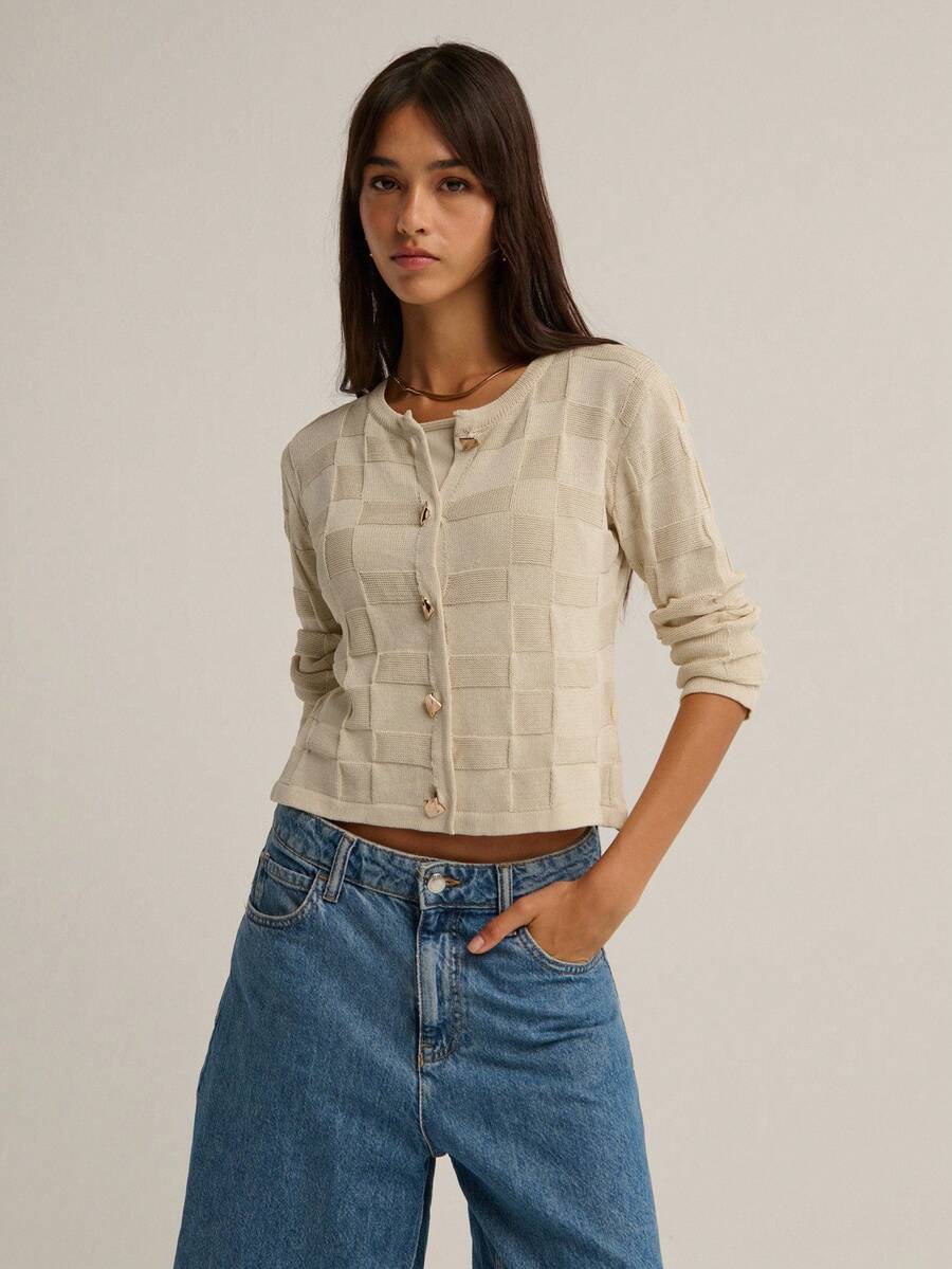 Nöista Elegant Beige Autumn Office Ivory Knit Cardigan,Textured Square Pattern Gold Buttons Fitted Shape Casual Fall Holiday Back To School Cute Boho Style - Apricot - View 1