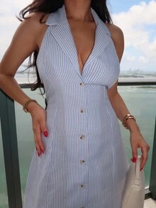 Durrani Popal 女士条纹印花无袖连衣裙亚麻条纹连衣裙秋季女装老钱风教师装商务女装教师服通勤简约办公室老钱简约纯棉