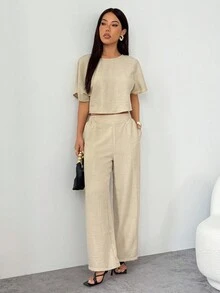 SHEIN PETITE Bộ 2 món/Bộ đồ nữ màu trơn xếp ly áo sơ mi và quần âu thường ngày, trang phục công sở thường ngày cho nữ, trang phục công sở cho nữ, trang phục giáo viên cho nữ, bộ đồ mặc nhà 2 món cho nữ, bộ đồ hai mảnh thường ngày - Màu be - Xem 5