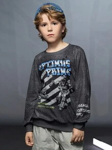 Transformers X SHEIN Sudadera informal con cuello redondo y gráfico de letras para niño preadolescente, otoño - Gris - Ver 5