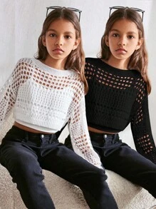 SHEIN 青少年女孩休闲宽松圆领黑白镂空针织短款上衣两件套，买一送一 - 彩色 - 查看 1