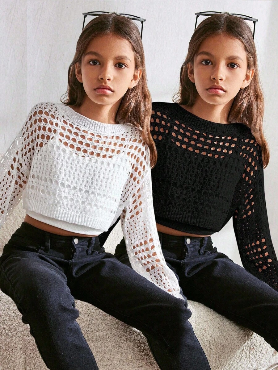 SHEIN 青少年女孩休闲宽松圆领黑白镂空针织短款上衣两件套,买一送一 - 彩色 - 查看 1