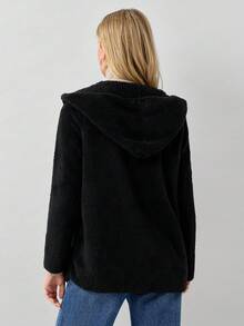 Miaspire Women's Casual Loose Black Reversible Fleece Hooded Jacket, Autumn & Winter - Black - View 2