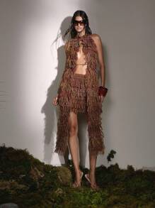 MUSERA Chân váy ngắn tua rua dệt kim, kiểu dáng dễ thương đồng quê miền Tây, thích hợp cho buổi tối đi chơi, tiệc mùa đông thanh lịch, tiệc tối, lễ hội mùa hè. - Gỗ đỏ - Xem 1