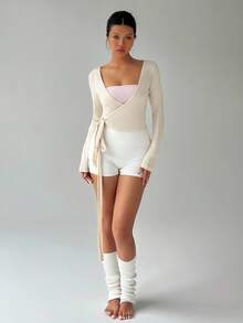 FavEase 粉色瑜伽运动裹身开衫，柔软有弹性的 V 领长袖短款修身 T 恤，时尚简约优雅百搭基本款设计，春秋季