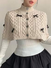 DAZY 女士秋冬花卉格子图案蝴蝶结装饰高领套头衫 针织套头衫 - 杏色 - 查看 10