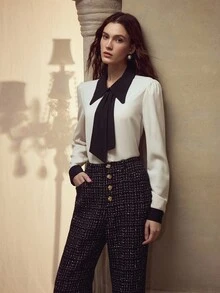 MOTF PREMIUM TWEED PLAID PATTERN METAL BUTTON FRONT FLARE LEG PANTS - Black - View 3