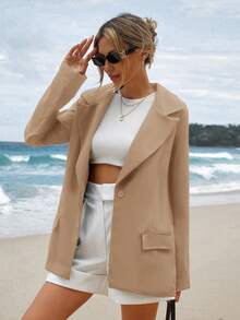 SHEIN Cottnline Flap Pocket Long Sleeve Blazer - Krem - View 5