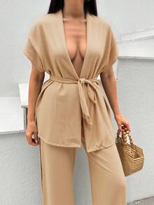 Vacation Casual Solid Color Batwing Sleeve Shirt And Pants Set - Beige - View 3