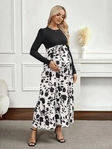 SHEIN Printed Long Slim Fit Casual Long Sleeve Round Neck Maternity Dress - Black - View 6