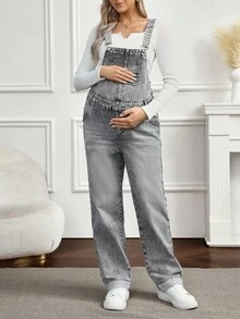 SHEIN 孕妇休闲水洗口袋直筒牛仔背带裤 - 深色水洗藍 - 查看 6