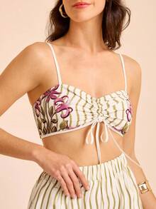 CAJUNI Damen Urlaubs Boho Aprikot Basis Grün Wellenstreifen Blume Muster Crop Camisole und bedruckte Weite Bein Hose 2-teiliges Set, 2-teiliges Set für Damen, Zweiteiler für Damen, Zweiteiler Frau, Urlaubs Zweiteiler, elegantes Zweiteiler-Set für Damen