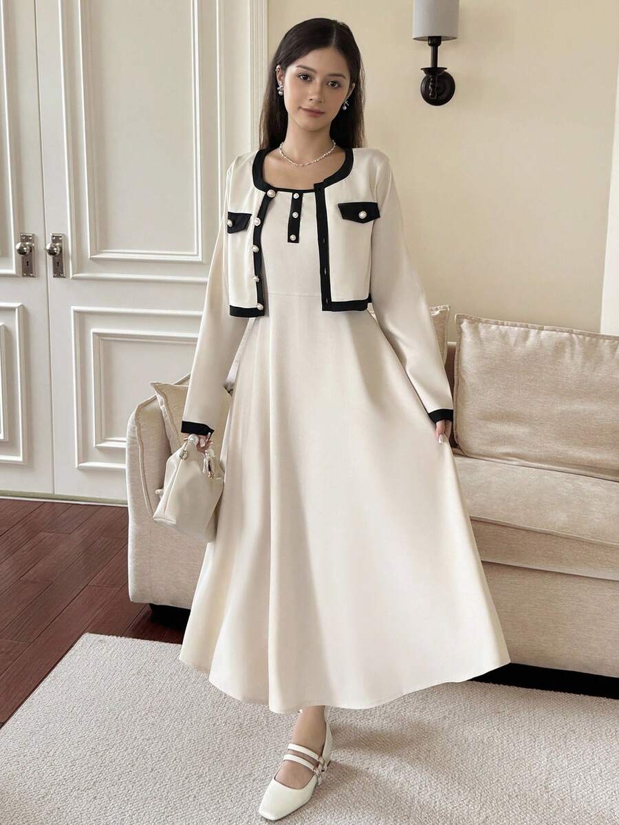 SHEIN 少女优雅梭织长袖夹克和可调节 A 字形吊带裙套装，秋冬 - 杏色 - 查看 1