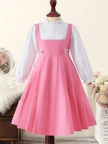 Vestido longo 2 em 1 para meninas, elegante, com renda floral, primavera/outono, com babados, zíper nas costas, botão floral na cintura, manga bufante, adequado para compras, férias, viagens, volta às aulas, pode ser combinado com jaqueta, colete - Rosa Melancia - Ver 3